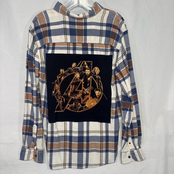 Avengers Infinity War Upcycled Comfy Brown & White Fall Flannel Shirt Size Large - Picture 1 of 7